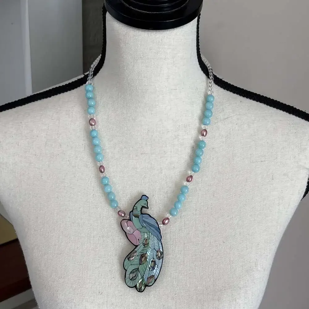 Lee Sands Blue Pink Shell Inlay Peacock Necklace Chaledony Beads Pink Pearls 21